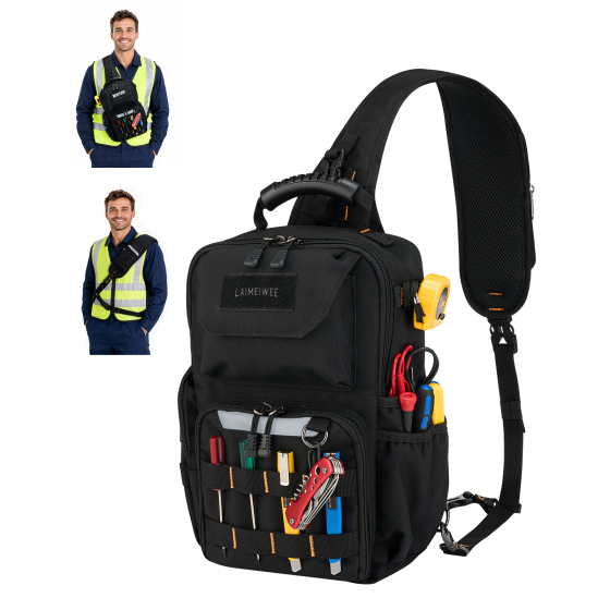 Electrician Tool Chest Bag, Tactical HVAC 3-Point Harness Black 1680D Oxford Water-Resistant | 9L Compact | 18 Pockets | Rigid Hard Handle | MOLLE Webbing | For Ladder & Confined Space